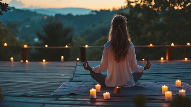 Young woman meditates outdoors candles enhancing serenity