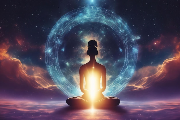 young woman meditating against starry sky background