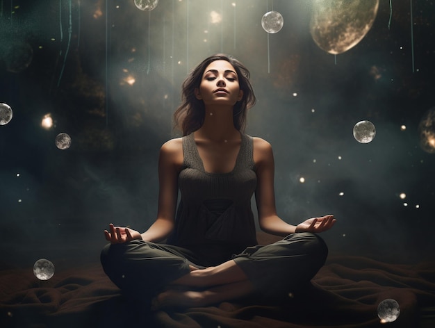 A young woman meditating in dark beautiful place generative AI