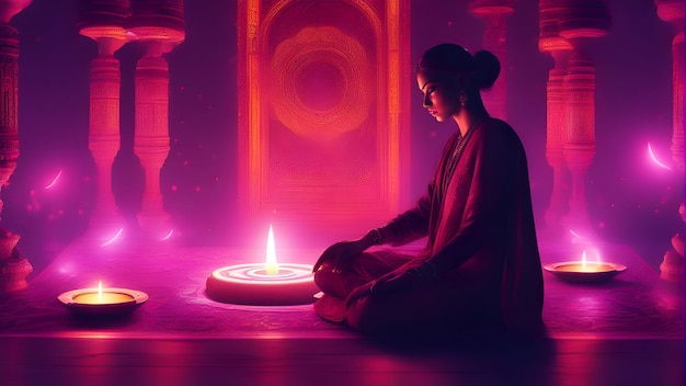 Young woman meditating in front of a lotus pose with burning candles