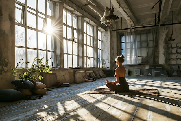 Фото Молодая женщина медитирует в большой солнечной комнате утреннее солнце и спокойствие