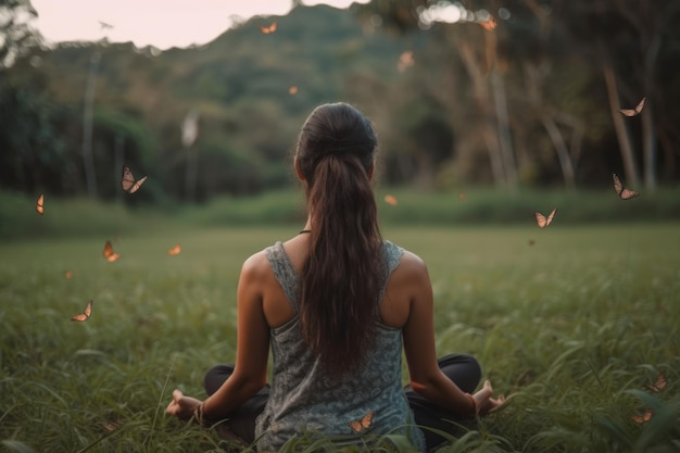 Young woman meditating in the meadow with a lot of butterflies Generative AI