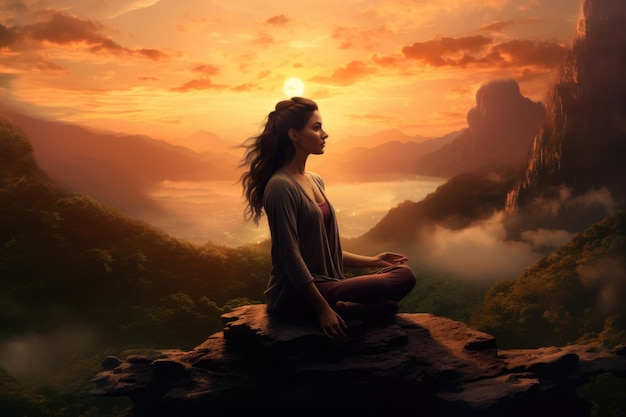 Photo young woman meditating on a rock in the mountains at sunset a female meditating on top of a mountain with a beautiful sunset background full body ai generated