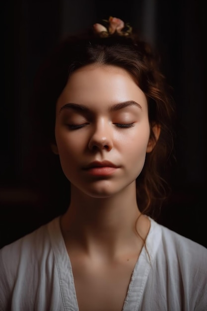 Photo a young woman meditating with her eyes closed