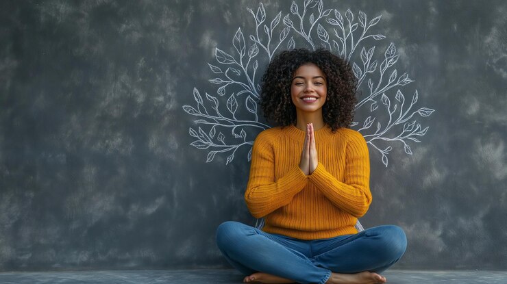 Photo young woman meditating with a tree drawing behind her