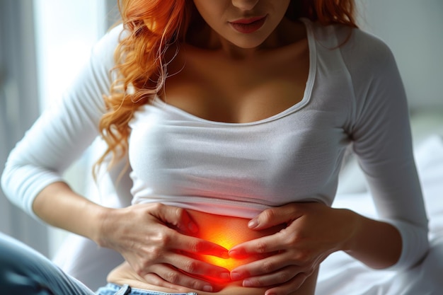 Photo young woman in menstrual pain portrayal of the discomfort and agony experienced during menstruation empathizing with the struggles of menstrual periods of cramps and distress