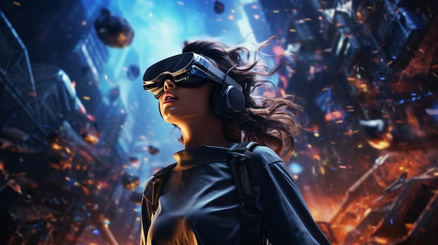 가상의 미래 도시에서 VR 헤드을 착용한 메타버스의 젊은 여성
