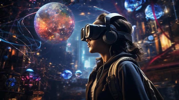Молодая женщина в метаверсале, носящая наушники VR на заднем плане в воображаемом городе будущего