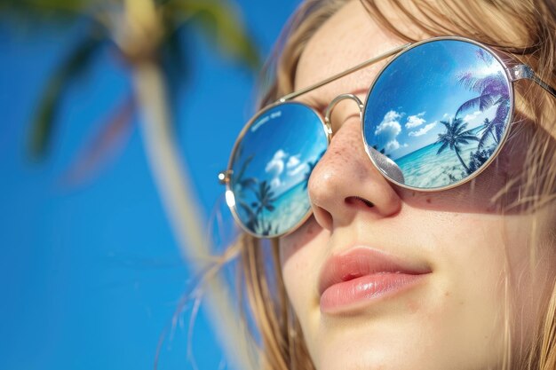 Young woman in mirrored sunglasses reflecting transparent ocean blue sky palm trees of tropical island concept of summer vacation tourism travel
