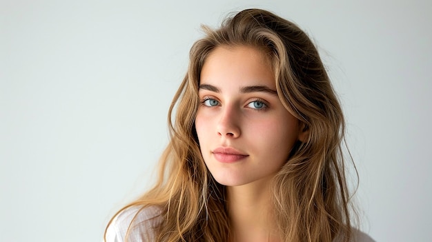 Foto modella giovane donna caratteristiche facciali delicate e capelli lunghi ritratto di fotografia in studio