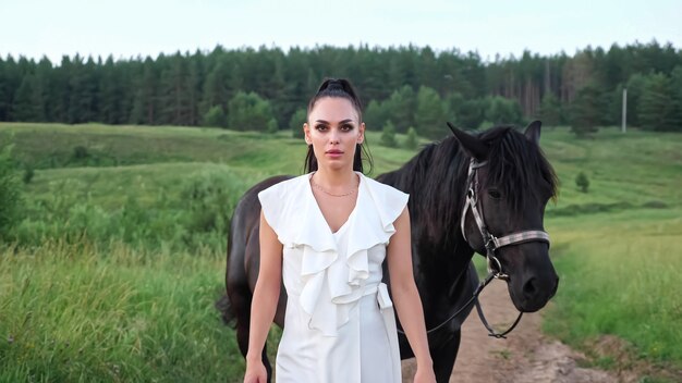 Young woman model with ponytail walks along ground road and black stallion with bridle follows lady against forest in summer morning