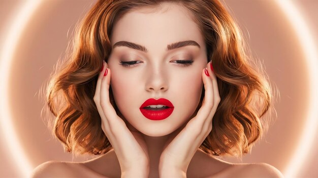 Young woman model with red lips