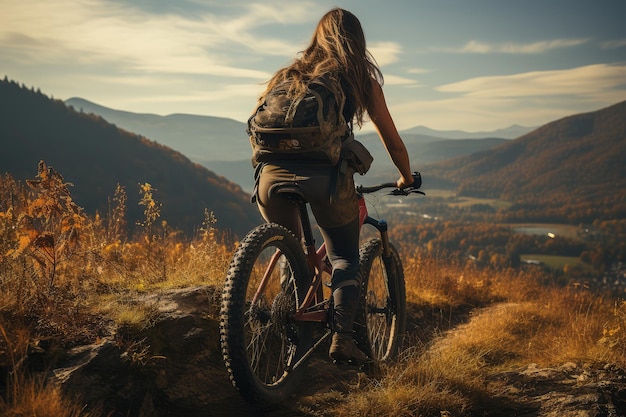 マウンテンバイクに乗った若い女性が山へ向かっている エクストリームクローズアップ ジェネレーティブAI