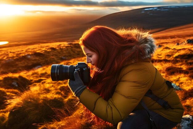 Молодая женщина в горах фотографирует закат Нейронная сеть ИИ генерирует искусство