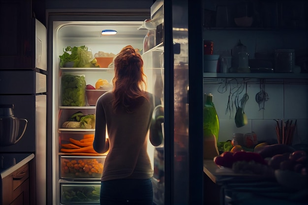 Foto giovane donna vicino al frigorifero aperto pieno di cibo sano verdure e frutti generativi ai