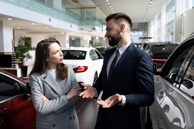 若い女性は、車の保証の後、自動車販売店のコンセプトで長期のレンタカーを交渉します