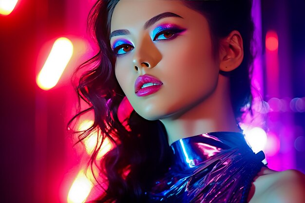 Young woman in night club on colorful background