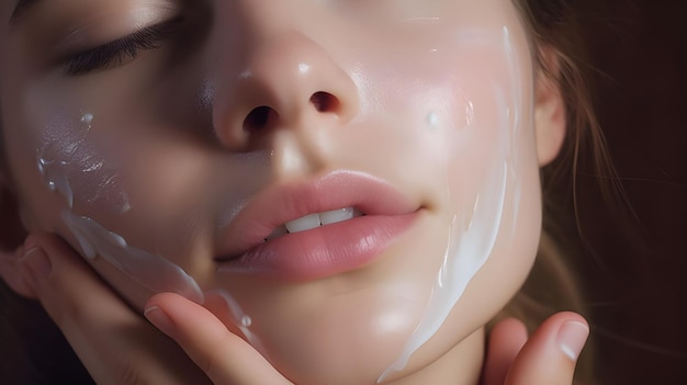 Photo young woman nourishes face with cream lotion generative ai