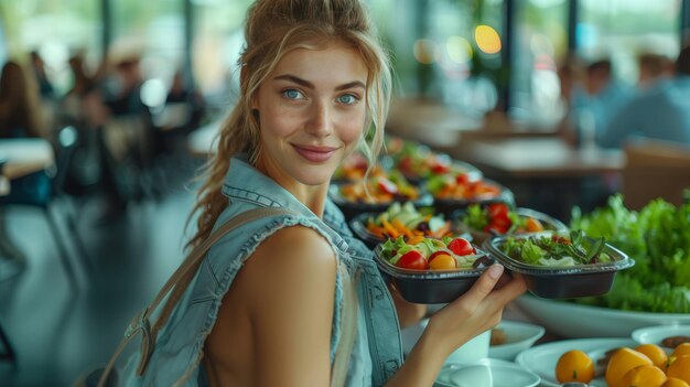 Foto giovane donna che offre insalate fresche in un'affollata caffetteria d'ufficio