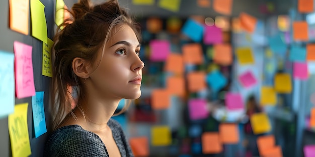 Foto giovane donna in ufficio che fa brainstorming con note adesive colorate sulla parete che collabora e condivide idee in modo creativo concept office braintorming lavoro collaborativo idee creative