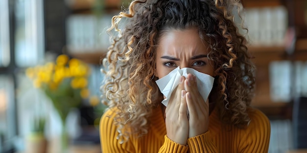 Молодая женщина в офисе, ищущая облегчения от симптомов простуды или аллергии, выдыхая нос тканью Концепция Здравоохранение Лечение болезней Аллергия Лекарства Симптомы простуды Офис Сценарий