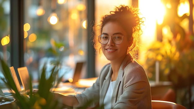 Young woman office workers in a cafe with her laptop smiling in camera with sunshine Generative AI