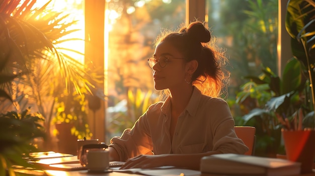 Молодая женщина-офисная работница в кафе со своим ноутбуком улыбается в камеру под солнечным светом Генеративный ИИ
