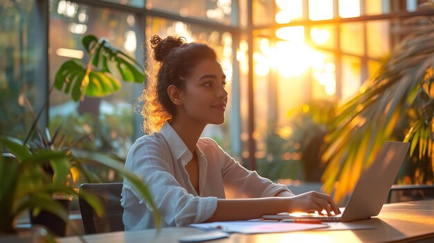 Young woman office workers in a cafe with her laptop smiling in camera with sunshine Generative AI