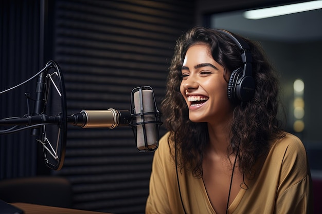 A young woman during an online radio broadcast She laughs while talking to the audience