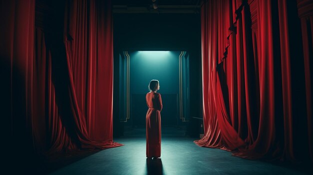Фото Молодая женщина открывает красный занавес сцены и смотрит на свет, исходящий из-за генеративного ии