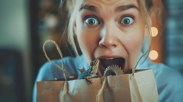 Photo a young woman opens a paper bag and a lizard jumps out of it the woman is surprised and scared