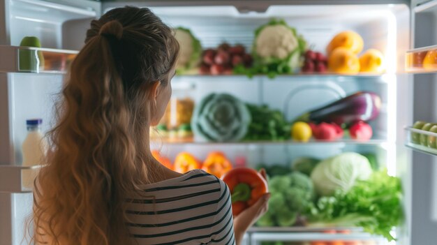 若い女性が栄養のある朝食を準備するために健康的な食べ物で満たされた冷蔵庫を開きます