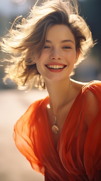 A young woman in an orange dress is smiling and posing on a beac