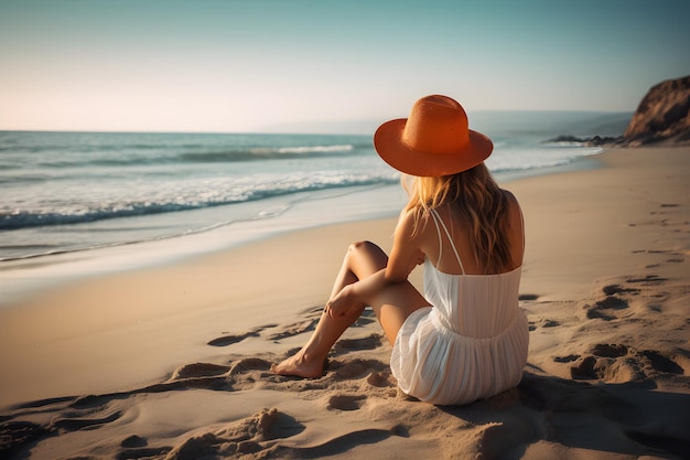 오렌지 드레스와 해변에 앉아 밀짚 모자에 젊은 여자