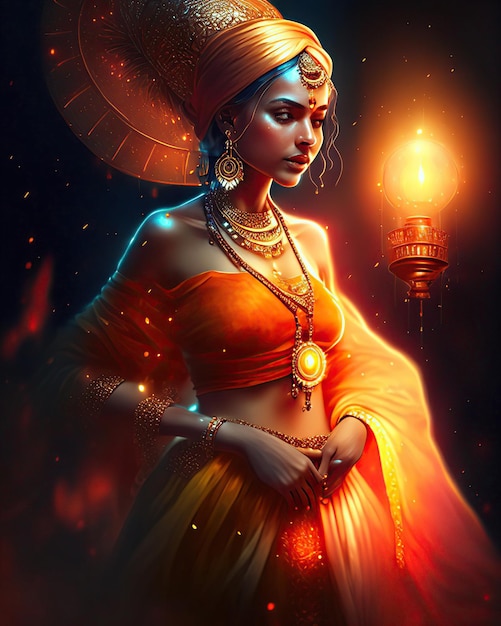 young woman in orange dress with turban and ethnic jewelry