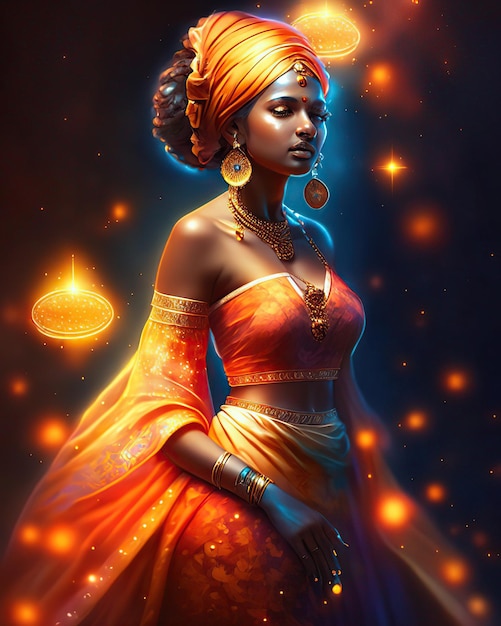 young woman in orange dress with turban and ethnic jewelry