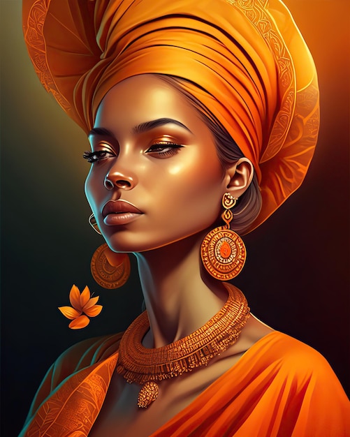 young woman in orange dress with turban and ethnic jewelry