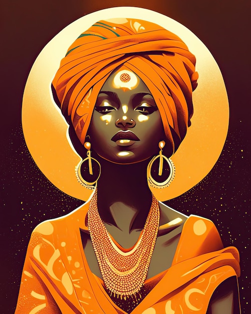 young woman in orange dress with turban and ethnic jewelry