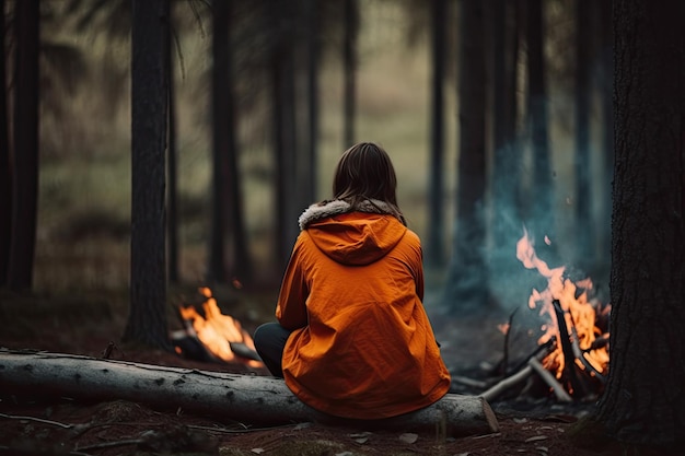 모닥불 근처 바닥에 앉아 있는 주황색 재킷을 입은 젊은 여성 AI 생성된 숲의 모닥불 근처에 앉아 있는 여성의 뒷모습