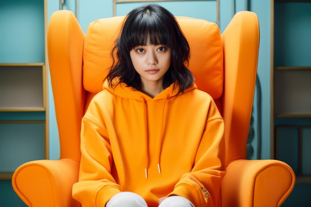 Young woman in orange outfit in a fashion portrait