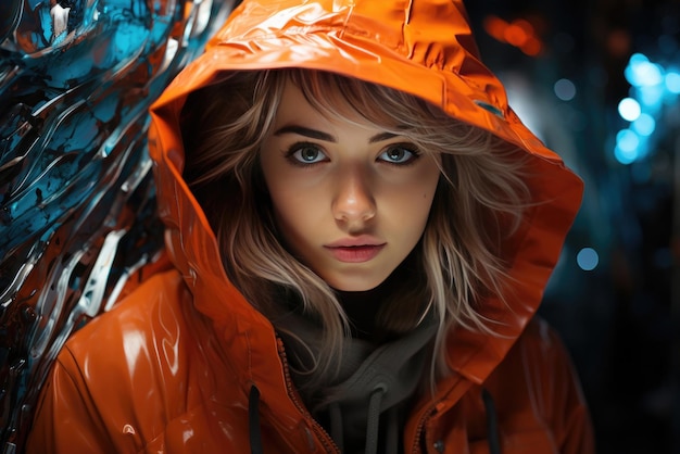 Young woman in an orange raincoat on the street