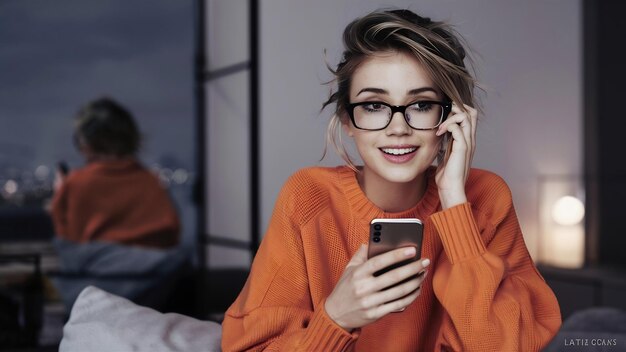 오렌지색 스웨터를 입은 젊은 여성이 스마트폰으로 채팅하고 있습니다.