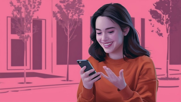 오렌지색 스웨터를 입은 젊은 여성이 스마트폰으로 채팅하고 있습니다.