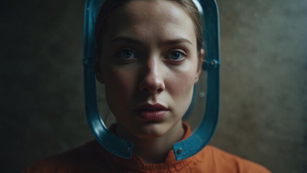 a young woman in an orange uniform and a metal frame on her head looks with wide open eyes