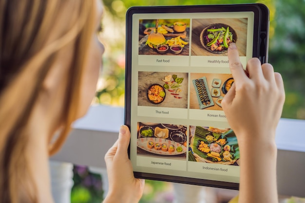 Young woman orders food for lunch online using tablet