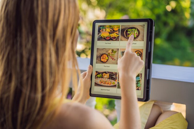 Young woman orders food for lunch online using tablet