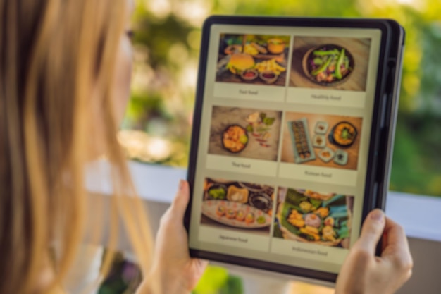 Photo young woman orders food for lunch online using tablet