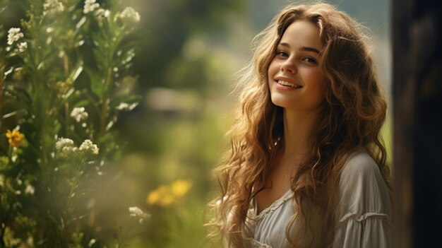 Young woman outdoors looking away smiling surrounded