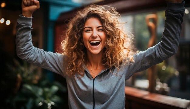 Foto giovane donna all'aperto sorridendo godendosi l'attività ricreativa spensierata e felice generata dall'ia