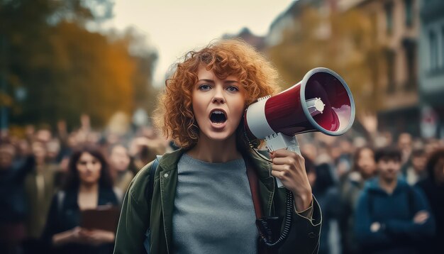 Молодая женщина на улице с группой демонстрантов на заднем плане, протестующих с мегафоном на улице